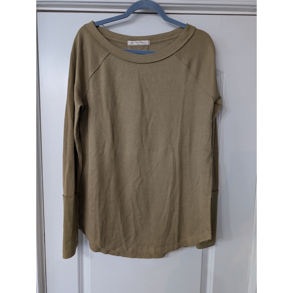 We‎ The Free Waffle Knit Thermal Top Olive Green XS oversized boho thumb hole